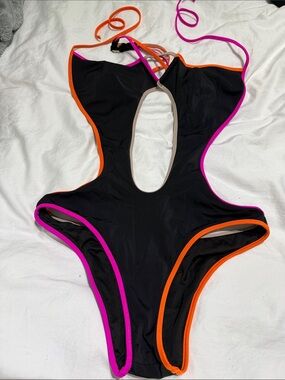 Victoria's Secret Black One-Piece Swimsuit with Pink and Orange Trim